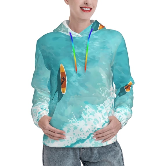 Salouo Tranquil Ocean Canoe Journey Pattern Hoodie Sweatshirts for Women, Autumn Pullover Hoodie Workout Sweat Women's Long Sleeve Preppy Sweatshirts-Medium