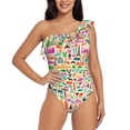 thumbnail image 1 of Salouo Travel Pattern One Shoulder Ruffled One Piece Swimsuit for Women V Neck Swimwear Tummy Control Bathing Suit-XX-Large, 1 of 6