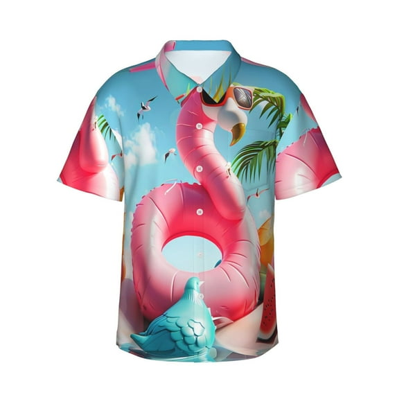 Salouo Tropical Flamingo Pool Float for Hawaiian Shirt for Men,Summer Beach Casual Short Sleeve Button Down Shirts Men's Regular-Fit Short-Sleeve Print Shirt -Medium