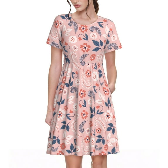 Salouo Tropical Plants for Women's Short Sleeve Summer Dress, Pleated Loose Swing Knee Length Dresses with Pockets