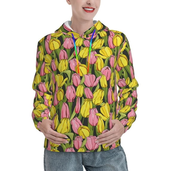 Salouo Tulips Flowers Pattern Hoodie Sweatshirts for Women, Autumn Pullover Hoodie Workout Sweat Women's Long Sleeve Preppy Sweatshirts-Large