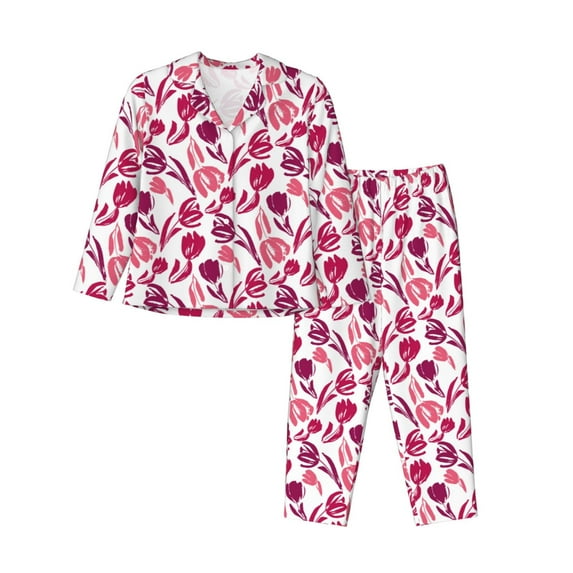 Salouo Tulips Flowers Pattern Women's Pajamas Set Long Sleeve Button Down Sleepwear Soft Pj Lounge Sets for women 2 Piece Pjs Set with Long Pants -Medium