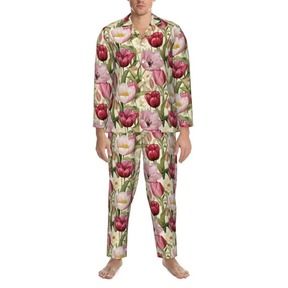 Salouo Tulips Flowers Print Button-Front Long Sleeve Pajama Set for Men, Soft 2Pjs Men's Long Sleeve Sleepwear -Large