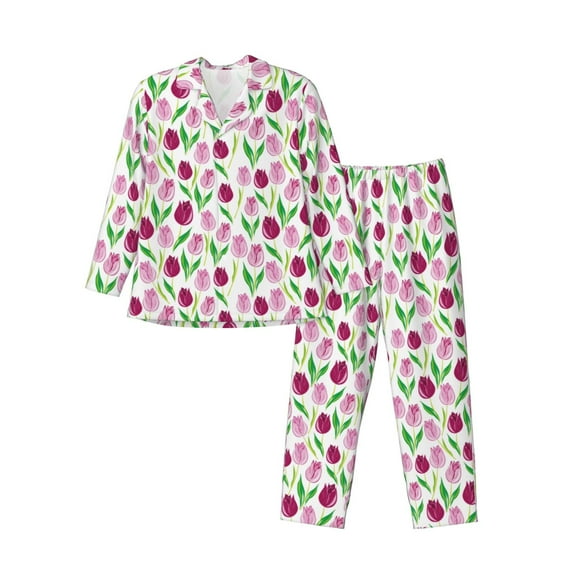 Salouo Tulips Flowers Print Button-Front Long Sleeve Pajama Set for Men, Soft 2Pjs Men's Long Sleeve Sleepwear-XX-Large