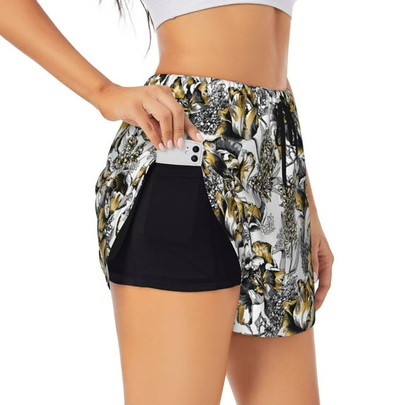Salouo Tulips Flowers Print Women's 2 in 1 Running Shorts Double-Layer Shorts Athletic Workout Gym Yoga Shorts Running Shorts for Women-Medium