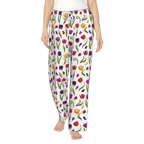 Salouo Tulips Flowers Print Women's Pajama Pants Casual Loose Sweatpants PJs Flowy Pants Drawstring Palazzo for Women Wide Leg Pants Lounge Pajama -Large