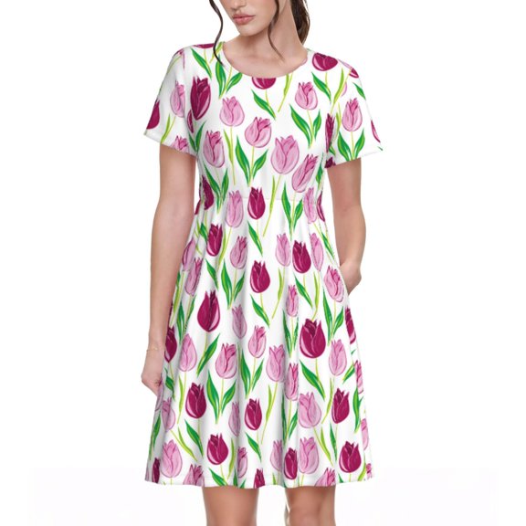 Salouo Tulips Flowers for Women's Short Sleeve Summer Dress, Pleated Loose Swing Knee Length Dresses with Pockets