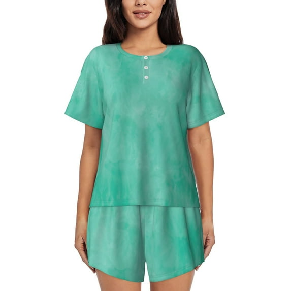 Salouo Turquoise watercolor Pattern Short-Sleeved Pajama Set for Women，Round Neck Pajamas Short Sleeve Sleepwear Set Summer Pajamas Set Lounge Sets 2-Piece Pj-4X-Large