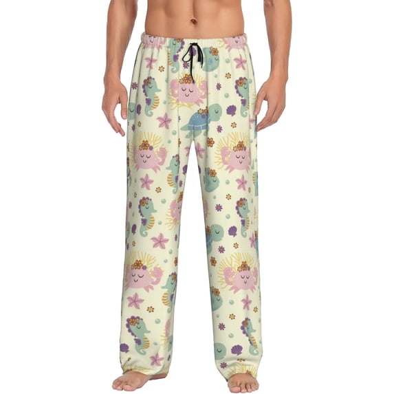 Salouo Turtle Crab Sea Horse Print Pajama Pants for Men, Lounge Pants Elastic Waistband Casual Men's sleepwear Loungewear Sleep Pajama Pant -Large