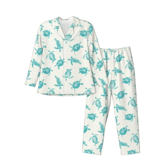 Salouo Turtle Print Button-Front Long Sleeve Pajama Set for Men, Soft 2Pjs Men's Long Sleeve Sleepwear-Large