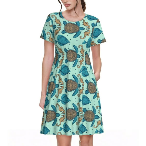 Salouo Turtles And Seahorses for Women's Short Sleeve Summer Dress, Pleated Loose Swing Knee Length Dresses with Pockets