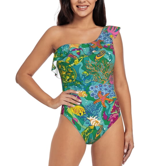 Salouo Turtles Pattern One Shoulder Ruffled One Piece Swimsuit for Women V Neck Swimwear Tummy Control Bathing Suit-Medium