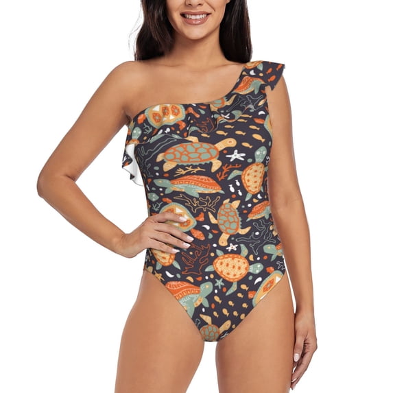 Salouo Turtles and Sea Plants Pattern One Shoulder Ruffled One Piece Swimsuit for Women V Neck Swimwear Tummy Control Bathing Suit-Medium