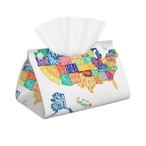 Salouo USA MAP Pattern Long Tissue Box Cover Rectangular–Plus Size Tissue Box Holder Modern LeatheLarge Tissue Holder for Bathroom Car & Office Decor