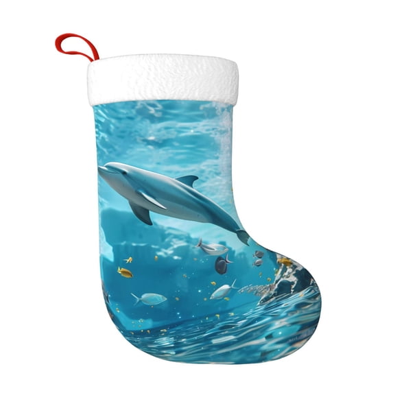 Salouo Underwater Dolphin Scene Print Christmas Stockings,Large Xmas Stocking Set of 1 Holiday and Farmhouse Stocking for Christmas Holiday Party Decoration(17.7*11 Inch)