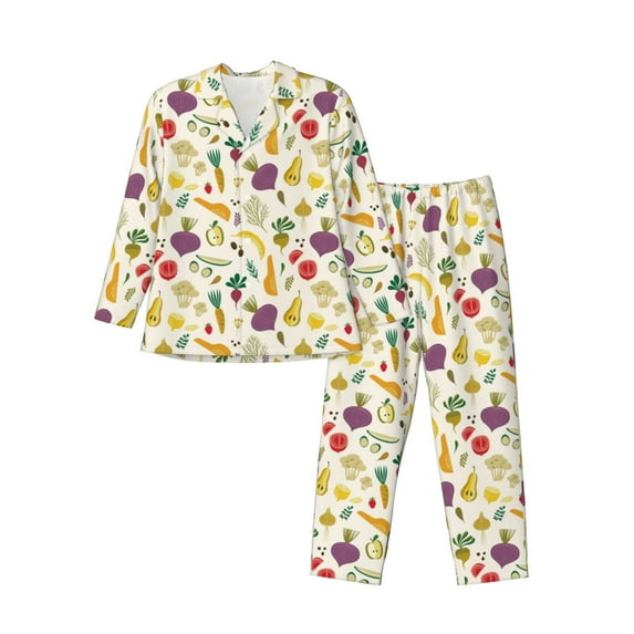 Salouo Vegetable Print Button-Front Long Sleeve Pajama Set for Men, Soft 2Pjs Men's Long Sleeve Sleepwear-X-Large