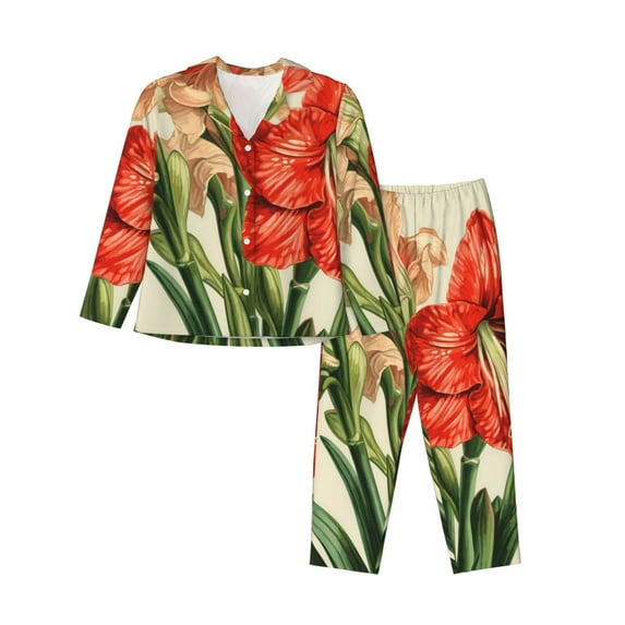 Salouo Vibrant Amaryllis Flowers Pattern Women's Pajamas Set Long Sleeve Button Down Sleepwear Soft Pj Lounge Sets for women 2 Piece Pjs Set with Long Pants-Large