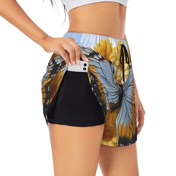 Salouo Vibrant Butterfly And Sunflowers Print Women's 2 in 1 Running Shorts Double-Layer Shorts Athletic Workout Gym Yoga Shorts Running Shorts for Women-Medium