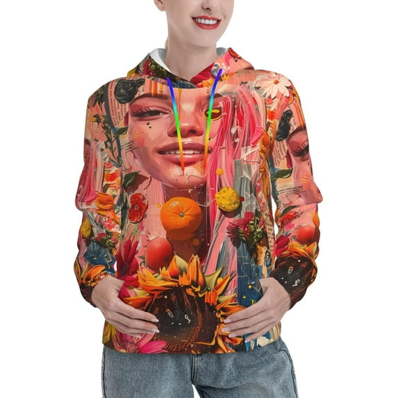 Salouo Vibrant Floral Collage Portrait Pattern Hoodie Sweatshirts for Women, Autumn Pullover Hoodie Workout Sweat Women's Long Sleeve Preppy Sweatshirts-Small