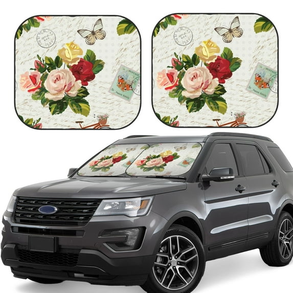 Salouo Vintage Bike Flower Butterfly Pattern Car Windshield Sun Shade Foldable | Front Windshield Shade for Sun, Heat and UV Rays | Interior Sun Protection-Large