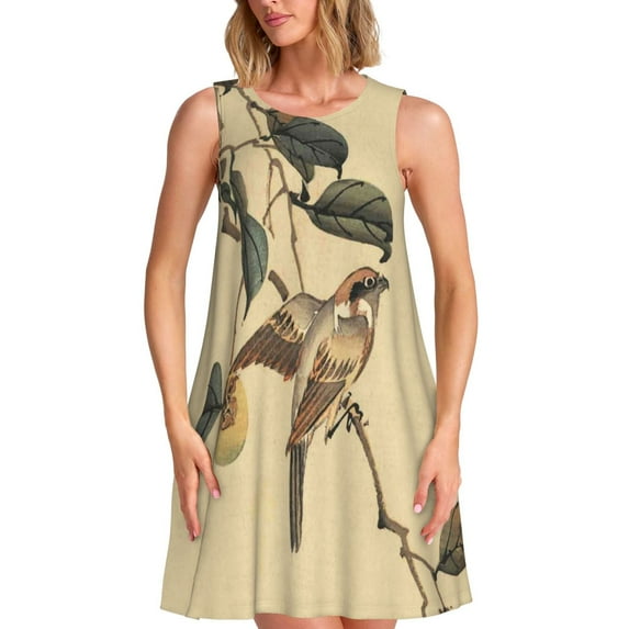 Salouo Vintage Bird for Women's Summer Dresses 2025 Beach Casual U Neck Sleeveless Tank Loose Sundress with Pocket -Large