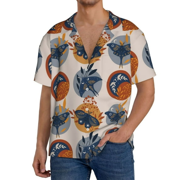Salouo Vintage Botanical Butterfly Art Pattern Cuban Collar Shirts for Men Button-Down Shirt Men's Short Sleeve Shirts Hawaiian Shirts Casual Shirts -3X-Large