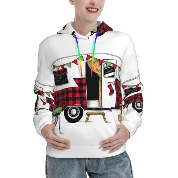 Salouo Vintage Buffalo Plaid Christmas Camper Pattern Hoodie Sweatshirts for Women, Autumn Pullover Hoodie Workout Sweat Women's Long Sleeve Preppy Sweatshirts-XX-Large