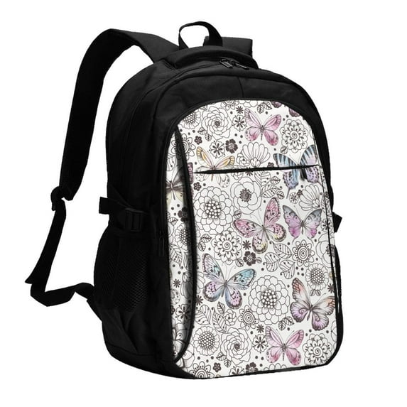 Salouo Vintage Butterflies Pattern Extra Large Travel Laptop,Backpack with USB Charging Port College Backpack Business Work Bag Casual Daypack Fits for Men & Women