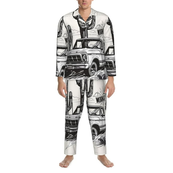 Salouo Vintage Cactus Pickup Print Button-Front Long Sleeve Pajama Set for Men, Soft 2Pjs Men's Long Sleeve Sleepwear -XX-Large
