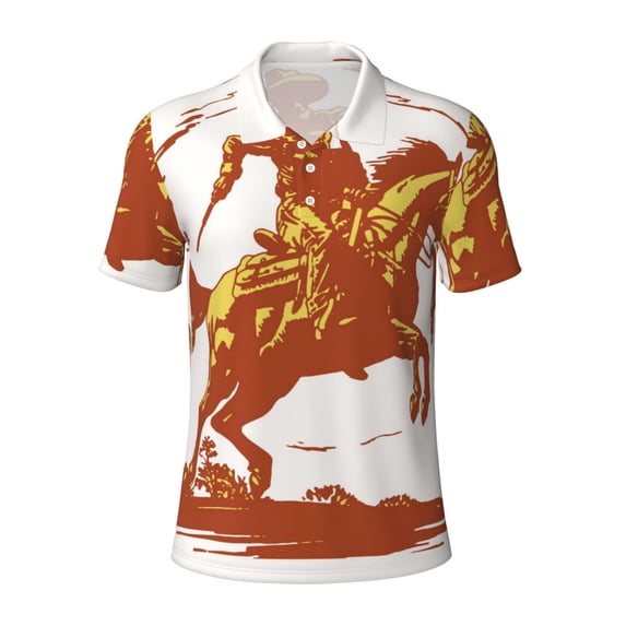 Salouo Vintage Cowboy On A Bronco Horse for Men's Short Sleeve Polo Shirts,Polo Shirts for Men Performance Short Sleeve Golf Shirt Athletic Casual Collared T-Shirt-Medium