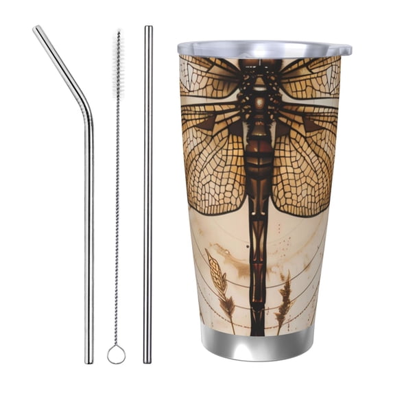 Salouo Vintage Dragonfly Artwork Print 20oz Tumbler with Lid,Stainless Steel Vacuum Insulated Tumbler Durable Insulated Coffee Mug Thermal Cup with Splash Proof Sliding Lid-Straw Three-piece Set