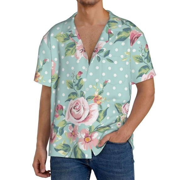 Salouo Vintage Floral Pattern Cuban Collar Shirts for Men Button-Down Shirt Men's Short Sleeve Shirts Hawaiian Shirts Casual Shirts -X-Large