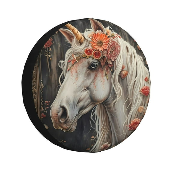 Salouo Vintage Floral White Horse Print Spare Tire Cover 14-17 inch Spare Tire Protector Universal Tough Tire Wheel Cover for Trailer SUV and Truck-15 inch