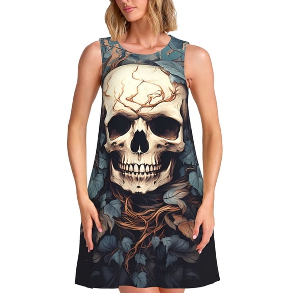 Salouo Vintage Leaf Flower Skull for Women's Summer Dresses 2025 Beach Casual U Neck Sleeveless Tank Loose Sundress with Pocket -Medium