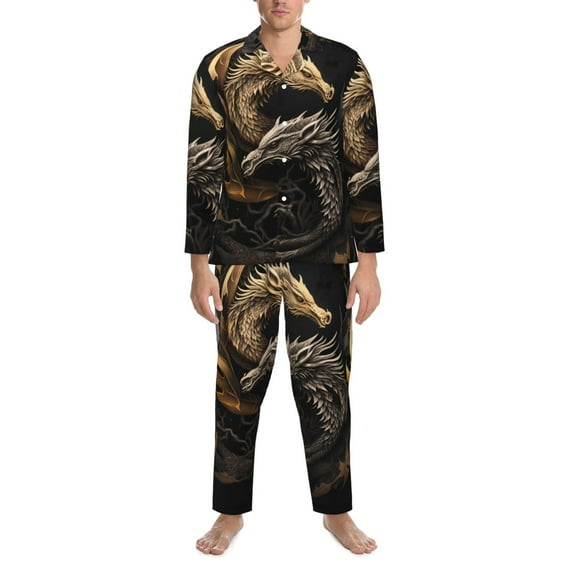 Salouo Vintage Metal Dragon Print Button-Front Long Sleeve Pajama Set for Men, Soft 2Pjs Men's Long Sleeve Sleepwear -XX-Large
