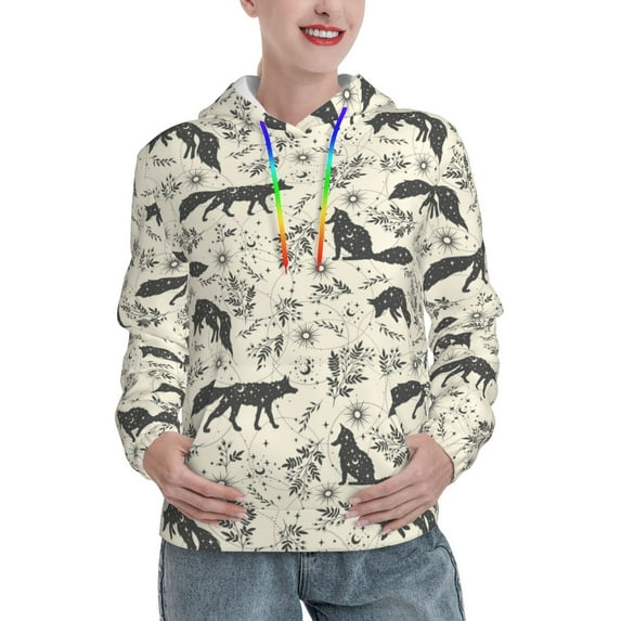 Salouo Vintage Moon Fox Pattern Hoodie Sweatshirts for Women, Autumn Pullover Hoodie Workout Sweat Women's Long Sleeve Preppy Sweatshirts-Small