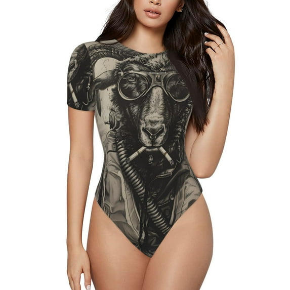 Salouo Vintage Ram Pilot for Women's Short Sleeve Bodysuit,Sexy Bodysuits One Piece Round Neck Bodysuit Shapewear Tummy Control-