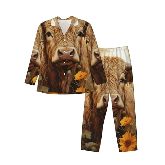 Salouo Vintage Sunflower Cow Print Button-Front Long Sleeve Pajama Set for Men, Soft 2Pjs Men's Long Sleeve Sleepwear-Medium