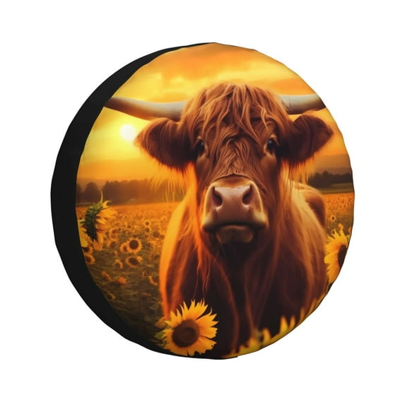 Salouo Vintage Sunflower Cow A Print Spare Tire Cover 14-17 inch Spare Tire Protector Universal Tough Tire Wheel Cover for Trailer SUV and Truck-16 inch