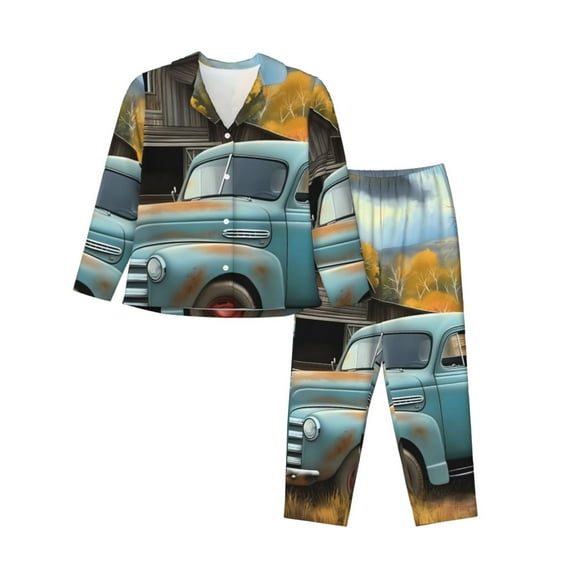 Salouo Vintage Truck Farm Scene Pattern Women's Pajamas Set Long Sleeve Button Down Sleepwear Soft Pj Lounge Sets for women 2 Piece Pjs Set with Long Pants-