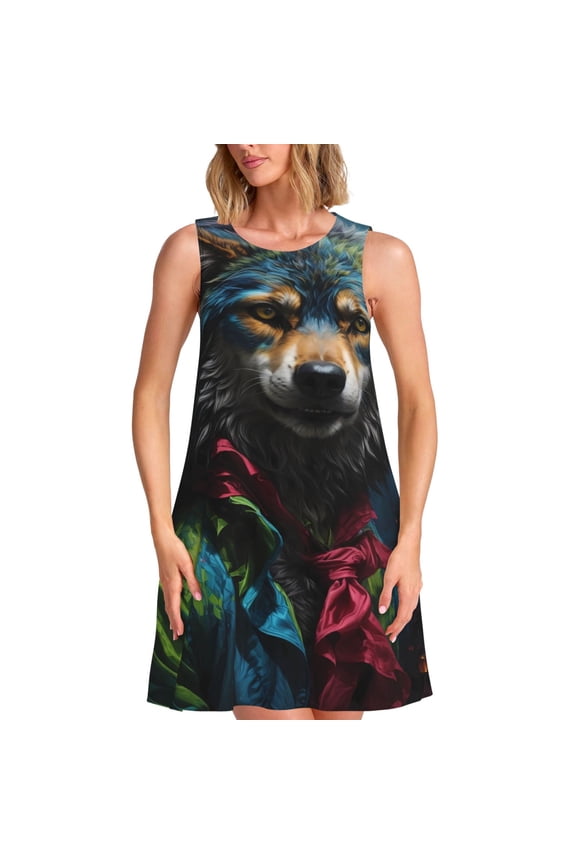 Vintage Wolf Warrior for Women's Summer Dresses 2025 Beach Casual U Neck Sleeveless Tank Loose Sundress with Pocket -XX-Large