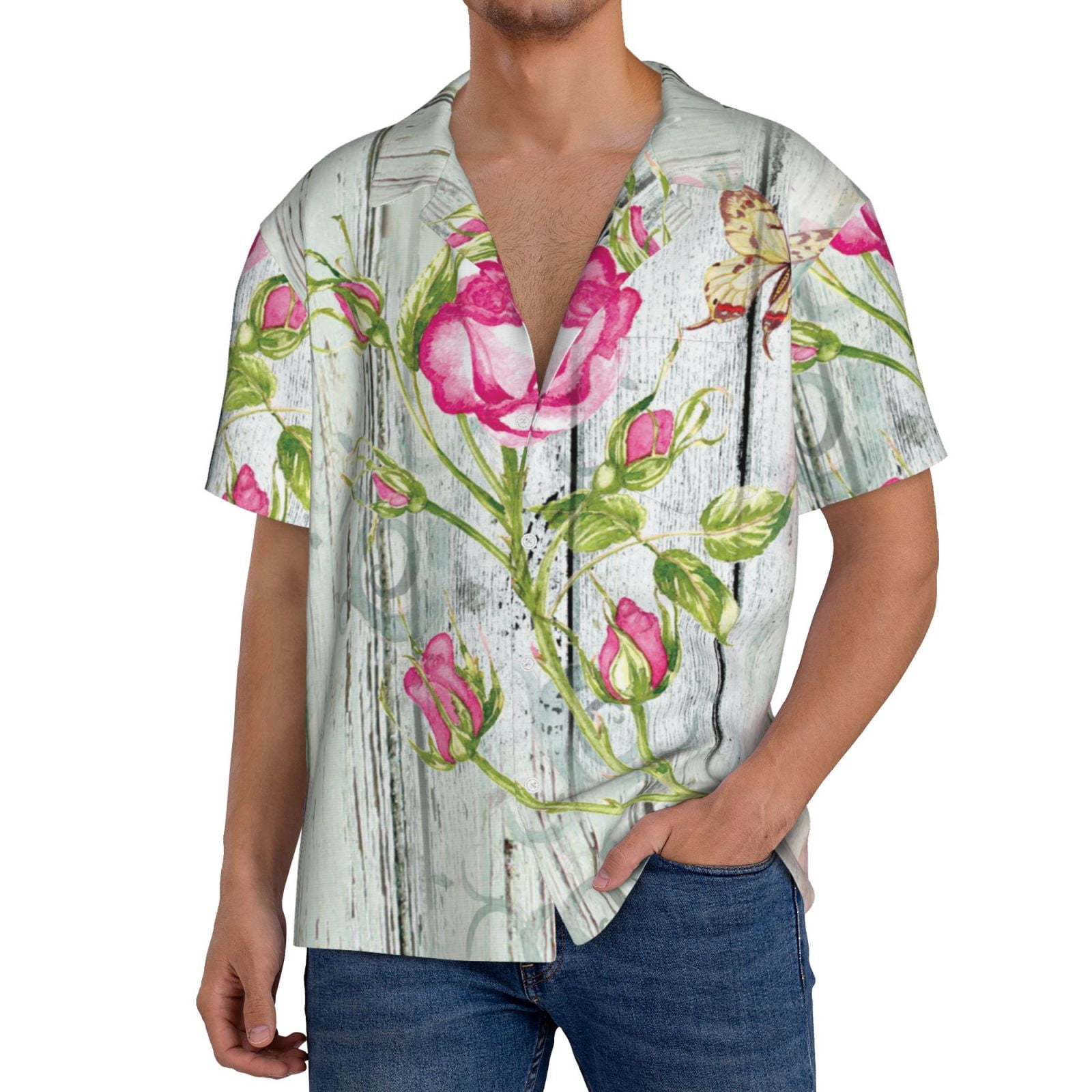 Timber Pattern Shirts Salouo Vintage Wood Background with Floral Pattern Cuban Collar Shirts ...