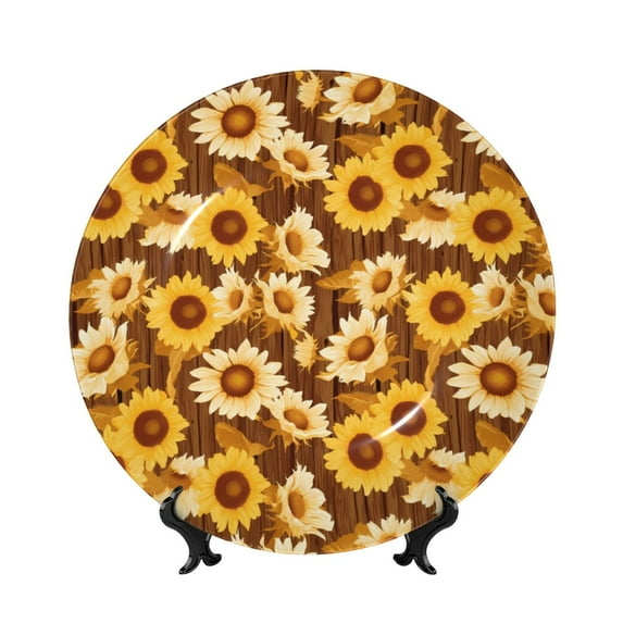 Salouo Vintage Wood Grain Sunflower B Pattern Bone China Decorative Plate,Holiday Decor Decorative Ceramic Plates with Stand Elegant Home DéCor for Hallway/Living Room/Bedroom-6in