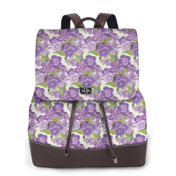 Salouo Violets Flowers Pattern PU Leather Backpack,Purse for Women Fashion Multipurpose Design Handbag Ladies Shoulder Bags Travel Backpack