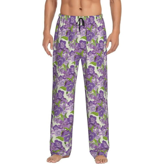 Salouo Violets Flowers Print Pajama Pants for Men, Lounge Pants Elastic Waistband Casual Men's sleepwear Loungewear Sleep Pajama Pant -Small