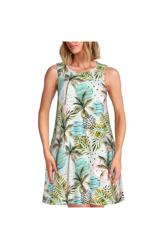 Watercolor Palm Tree for Women's Summer Dresses 2025 Beach Casual U Neck Sleeveless Tank Loose Sundress with Pocket -X-Large