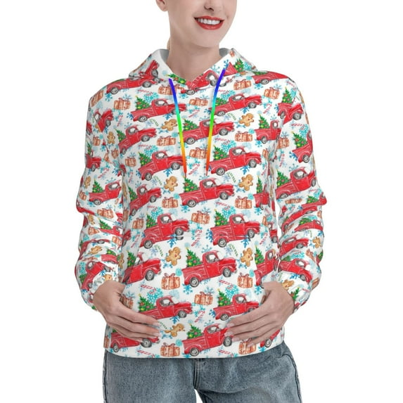 Salouo Watercolor Red Truck And Fir Tree Pattern Hoodie Sweatshirts for Women, Autumn Pullover Hoodie Workout Sweat Women's Long Sleeve Preppy Sweatshirts-X-Large