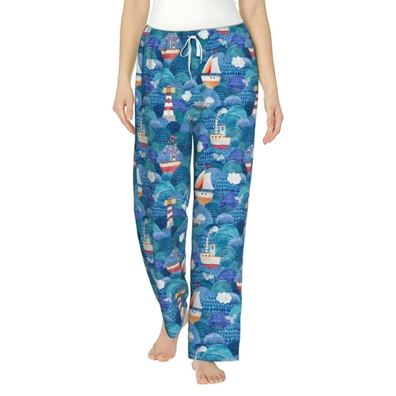 Salouo Watercolor Ships Print Women's Pajama Pants Casual Loose Sweatpants PJs Flowy Pants Drawstring Palazzo for Women Wide Leg Pants Lounge Pajama -X-Large