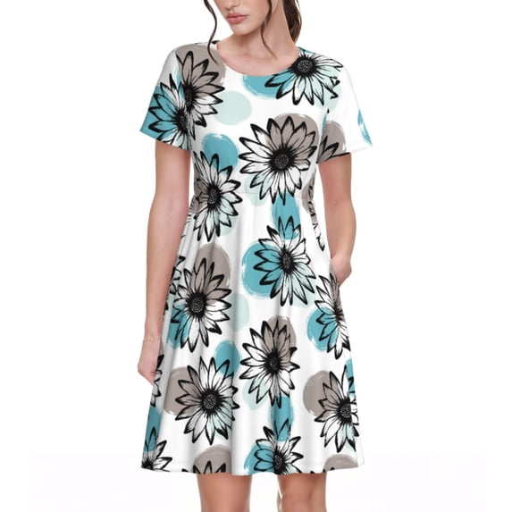 Salouo Watercolor Sunflower for Women's Short Sleeve Summer Dress, Pleated Loose Swing Knee Length Dresses with Pockets