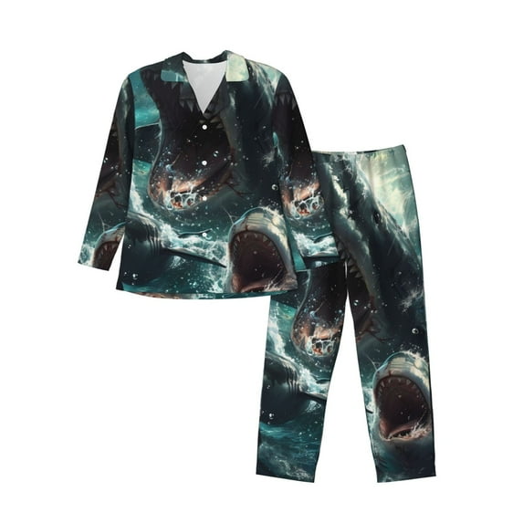 Salouo Wave Ocean Animal Shark Print Button-Front Long Sleeve Pajama Set for Men, Soft 2Pjs Men's Long Sleeve Sleepwear-Medium